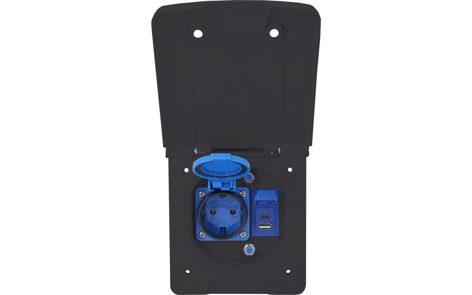 Schwarzes Gehäuse mit geöffnetem Deckel; darunter eine blaue runde Steckdose mit aufgeklapptem Schutzdeckel, zwei Kontaktöffnungen und Erdungskontakten; rechts ein blaues Modul mit zwei USB-Buchsen; sichtbare Schraube unten