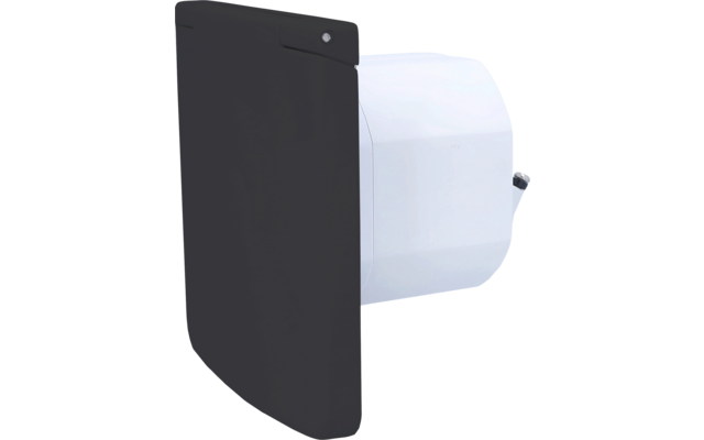 Schwarze, rechteckige, leicht abgerundete Platte mit sichtbarer Metallniete vor einem weißen, facettierten zylindrischen Gehäuse mit kleinem Metallstift an der Seite