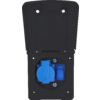 Offenes schwarzes Kunststoffgehäuse mit geöffneter Klappe, darin eine blaue runde Steckdose und ein kleiner blauer rechteckiger Anschluss