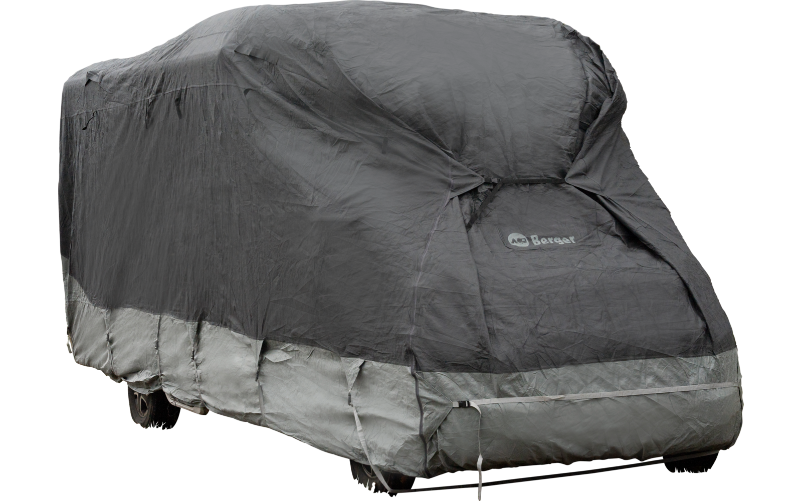 Objeto grande de forma rectangular sobre ruedas completamente cubierto con una funda gris; ruedas y borde inferior visibles