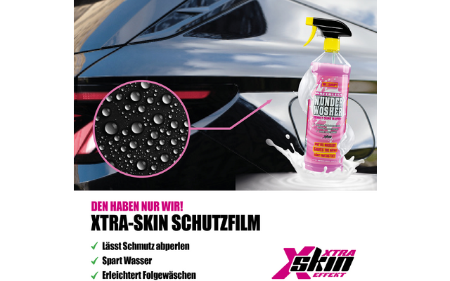 Sprühflasche mit Xtra-Skin Schutzfilm vor schwarzem Auto, Tropfen auf Oberfläche