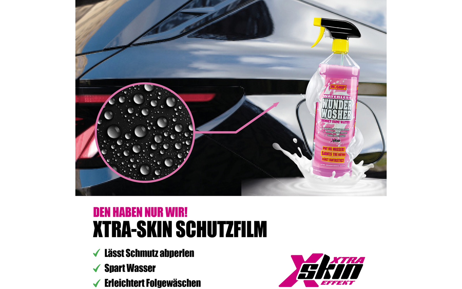 Sprühflasche mit Xtra-Skin Schutzfilm vor schwarzem Auto, Tropfen auf Oberfläche