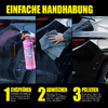 Drei Bilder zeigen die Anwendung eines Sprayprodukts an einem Autositz, mit Texten in Gelb und Weiß