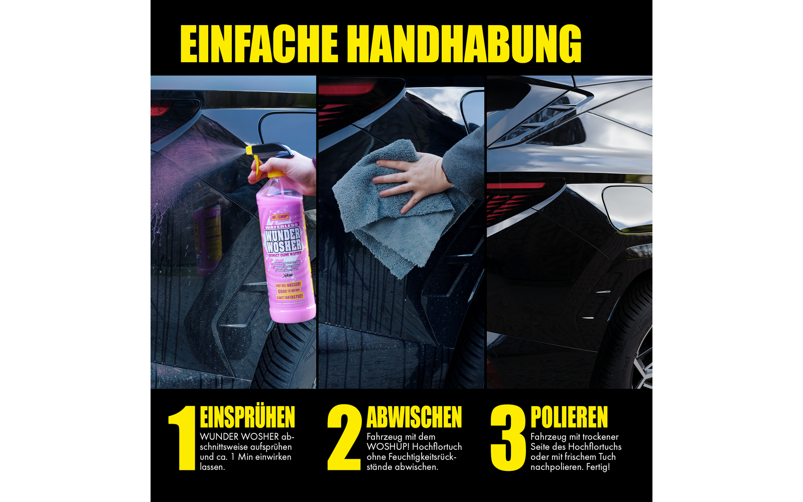 Drei Bilder zeigen die Anwendung eines Sprayprodukts an einem Autositz, mit Texten in Gelb und Weiß