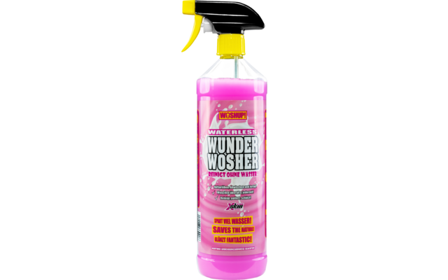 Sprühflasche mit pinker Flüssigkeit und gelbem Sprühkopf, beschriftet mit 'Wunder Mosher'
