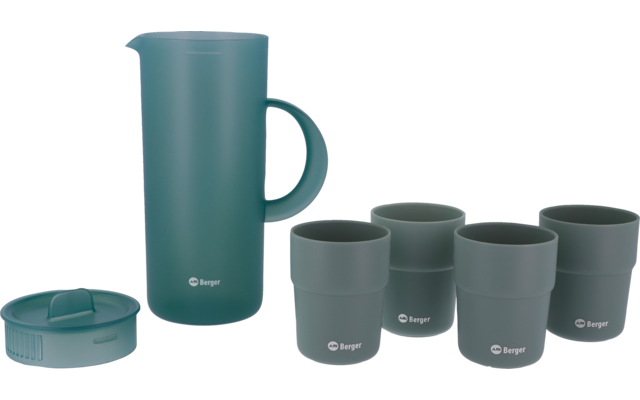 Grand pichet turquoise avec poignée à gauche, quatre tasses assorties à droite et un couvercle séparé devant à gauche
