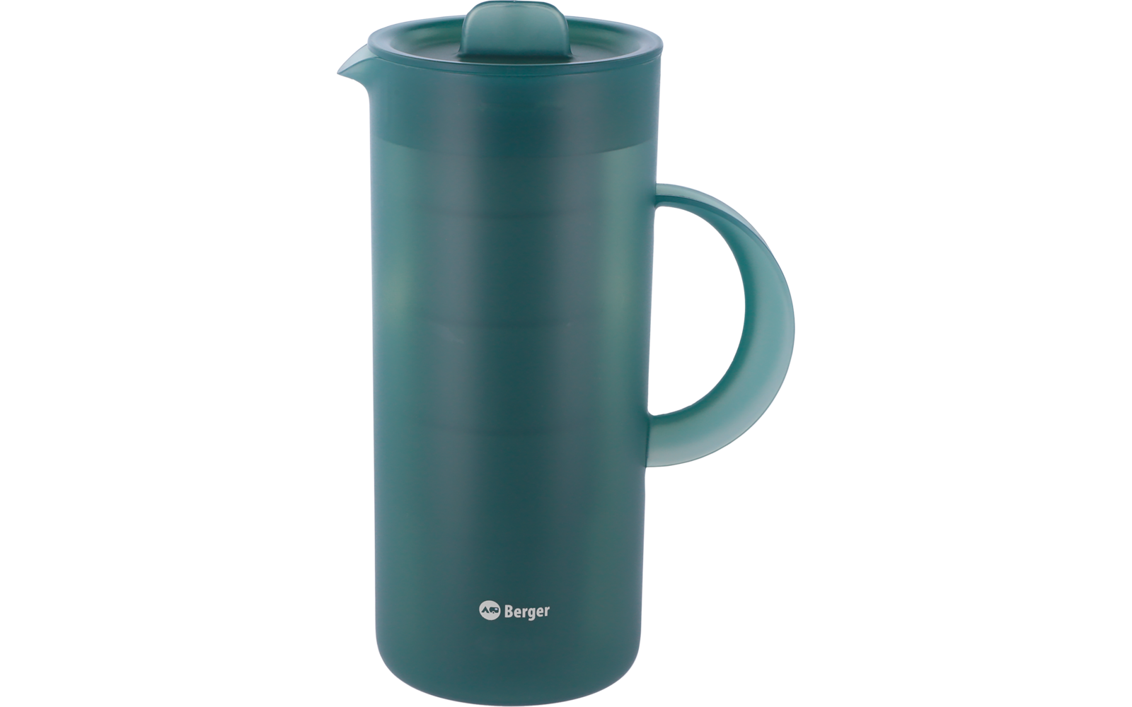 Contenant cylindrique haut vert avec couvercle, poignée latérale et logo "Berger" visible