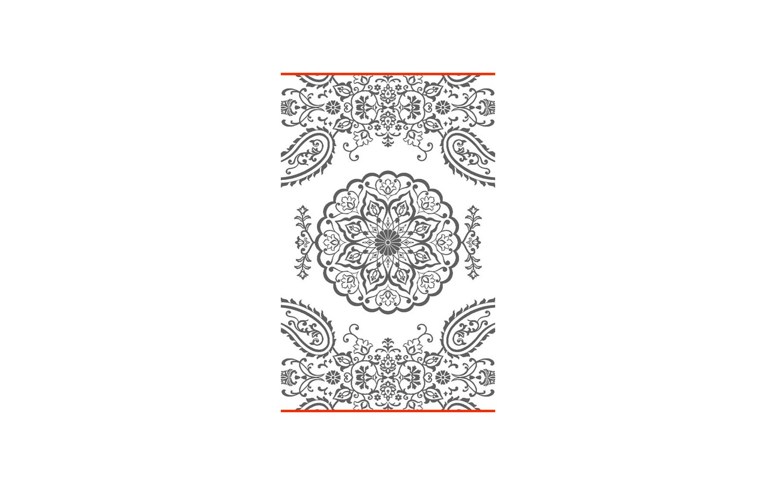 Zwart symmetrisch bloemmedaillon in het midden, omgeven door gebogen druppel- en ornamentpatronen op witte achtergrond, dunne rode lijnen boven en onder