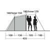 Seitenansicht eines Zeltes mit eingezeichneten Maßen '180/Inner 170' und '160/Inner 150', drei Personen-Silhouetten rechts, Bodenabschnitte 100, 130, 105, 100 und Gesamtlänge 435