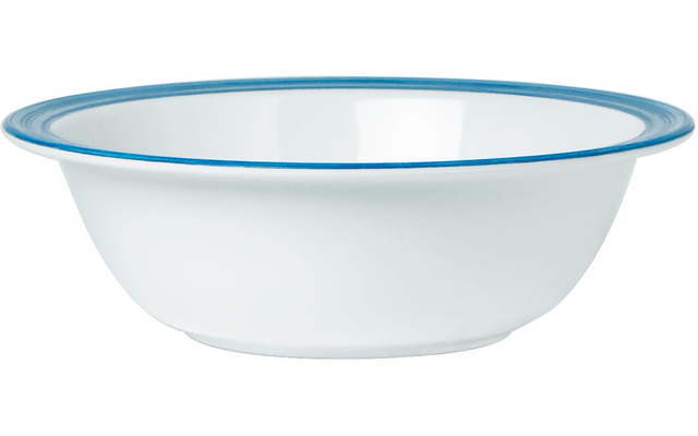 Weiße Schüssel mit blauem Rand, von der Seite fotografiert