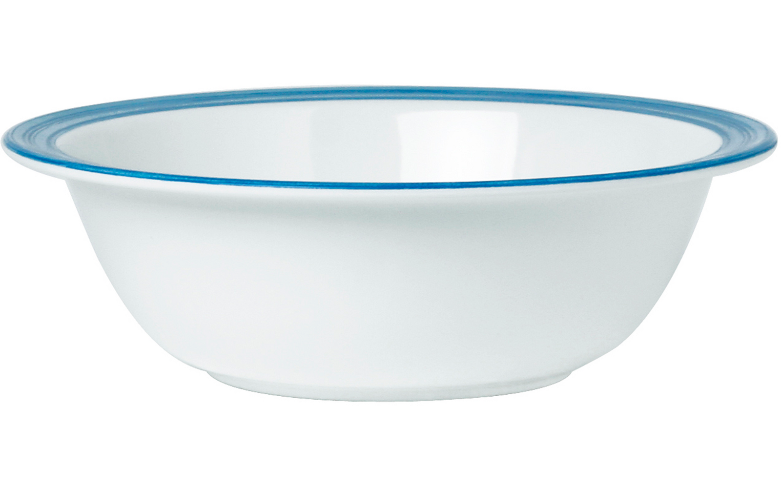 Weiße Schüssel mit blauem Rand, von der Seite fotografiert