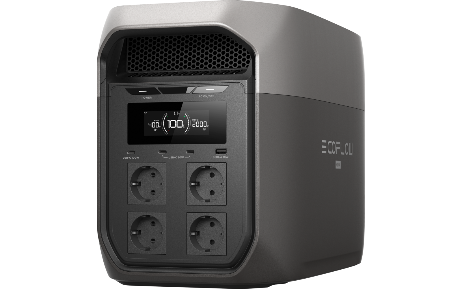 Grijs rechthoekig apparaat met digitaal display, twee kleine aansluitingen onder het display, vier ronde stopcontacten aan de voorkant, bovenaan ventilatierooster en zijkantlogo 'ECOFLOW'
