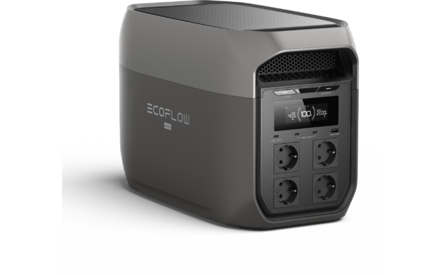Grijs rechthoekig elektronisch apparaat met 'ECOFLOW' op de zijkant, ventilatierooster bovenaan vooraan, klein display en vier ronde stopcontacten aan de voorkant
