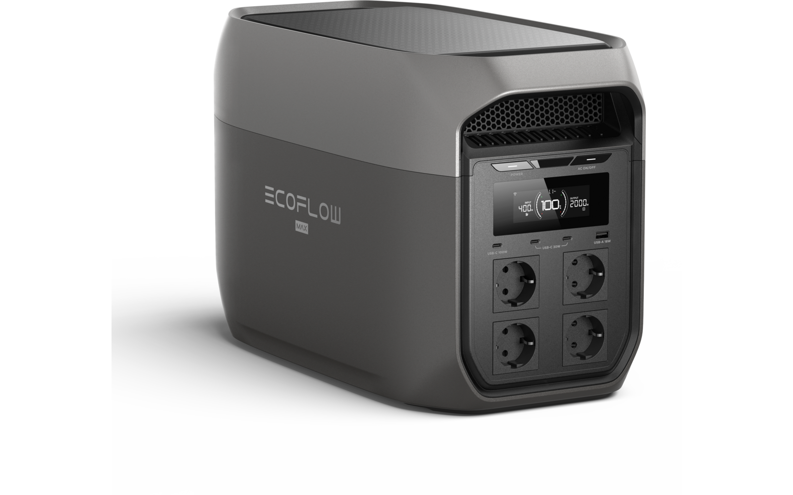 Grijs rechthoekig elektronisch apparaat met 'ECOFLOW' op de zijkant, ventilatierooster bovenaan vooraan, klein display en vier ronde stopcontacten aan de voorkant