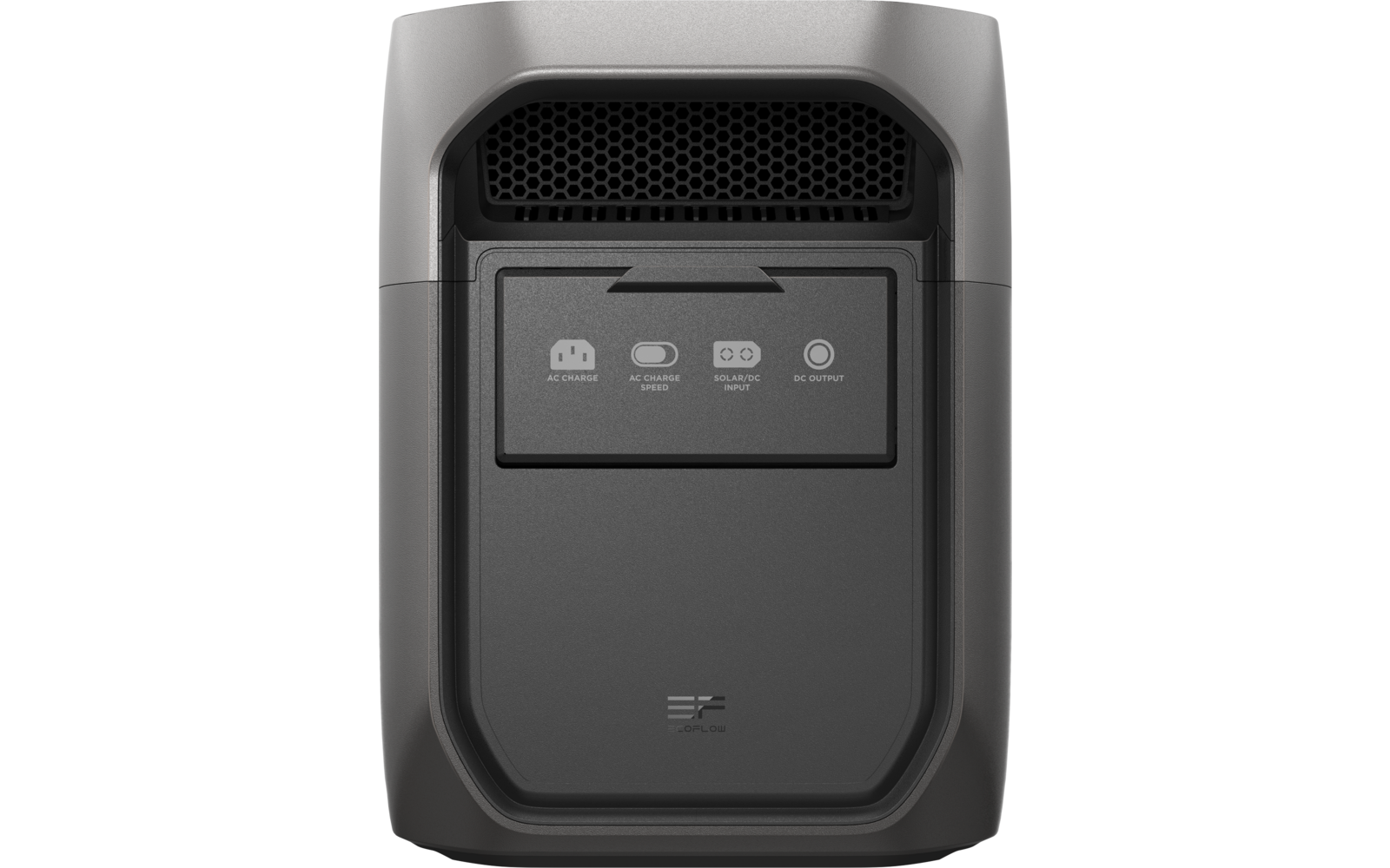 Grijs rechthoekig apparaat met afgeronde bovenkant, zwarte ventilatieopening bovenaan, een zwarte klep in het midden met drie witte pictogrammen en korte labels en een klein logo onderaan