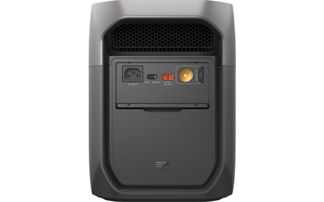 Achterzijde van een grijs apparaat met ventilatierooster boven, aansluitpaneel met AC-ingang, schakelaar, twee rode klemmen en een ronde gele aansluiting