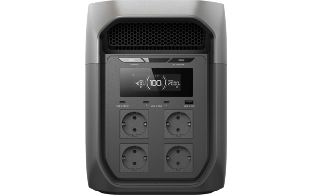 Vooraanzicht van een grijs apparaat met een zwart ventilatierooster bovenaan, een digitaal display met de aanduiding "100", drie USB‑poorten erboven en vier ronde stopcontacten in twee rijen