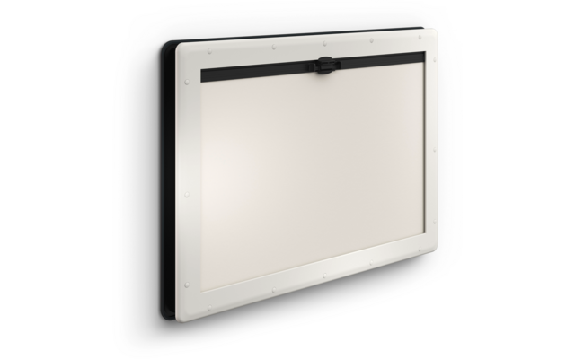 Rechteckiges weißes Paneel mit schwarzem Rahmen, schwarzem Verschluss oben und Nieten entlang der Kante