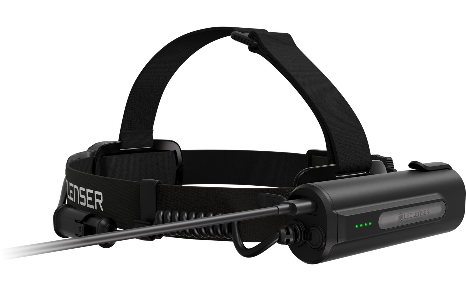 Lampe frontale noire avec bandeau réglable, unité d'éclairage avant et bloc batterie latéral cylindrique avec quatre voyants LED verts