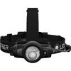 Lampe frontale noire avec LED circulaire, câble latéral et bandeau noir avec inscription blanche "LEDLENSER"