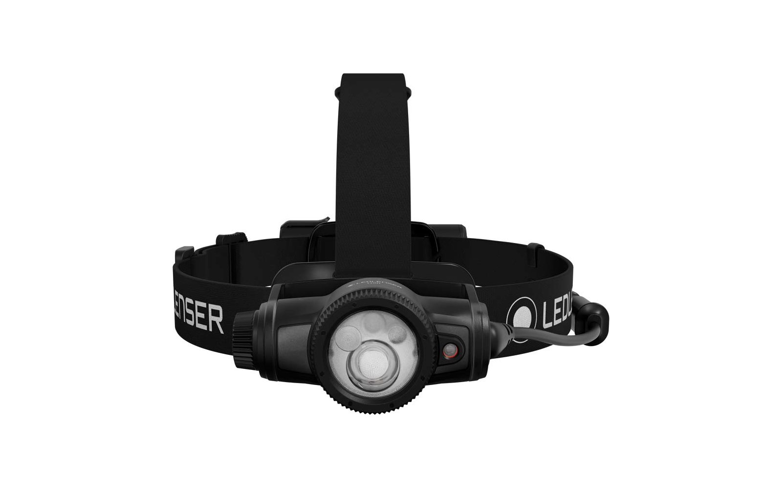 Lampe frontale noire avec LED circulaire, câble latéral et bandeau noir avec inscription blanche "LEDLENSER"