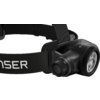 Lampe frontale noire avec sangle réglable, grande lentille LED, bouton marche et texte partiel 'NSER' sur la sangle
