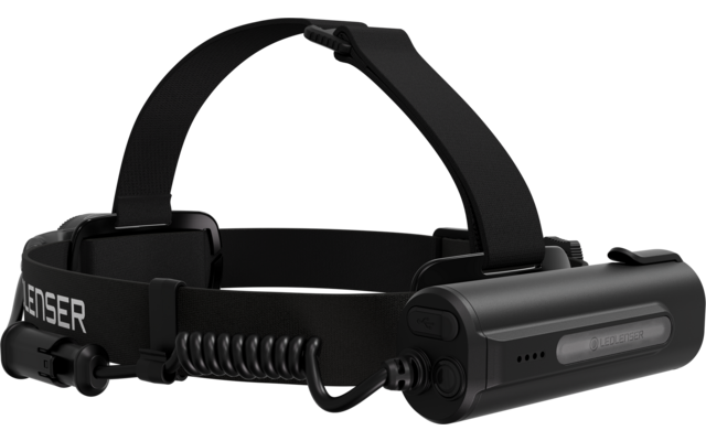 Lampe frontale noire avec bandeau élastique, bloc-batterie arrière et câble de connexion