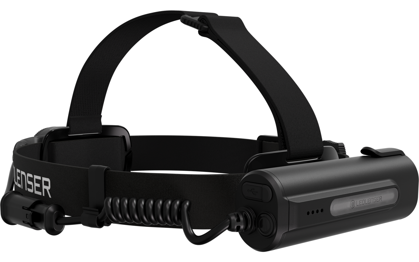 Lampe frontale noire avec bandeau élastique, bloc-batterie arrière et câble de connexion