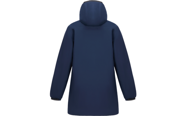 Dunkelblaue Jacke mit Kapuze, Rückansicht, lange Ärmel mit elastischen Bündchen, glatte Rückseite
