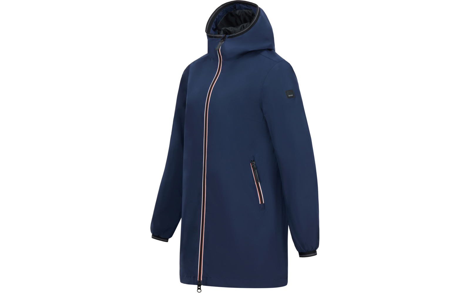 Dunkelblauer langer Mantel mit Kapuze, mittigem Reißverschluss mit rot-weiß-blauem Besatz, seitlicher Reißverschlusstasche, elastischen Bündchen und kleinem Aufnäher am linken Ärmel