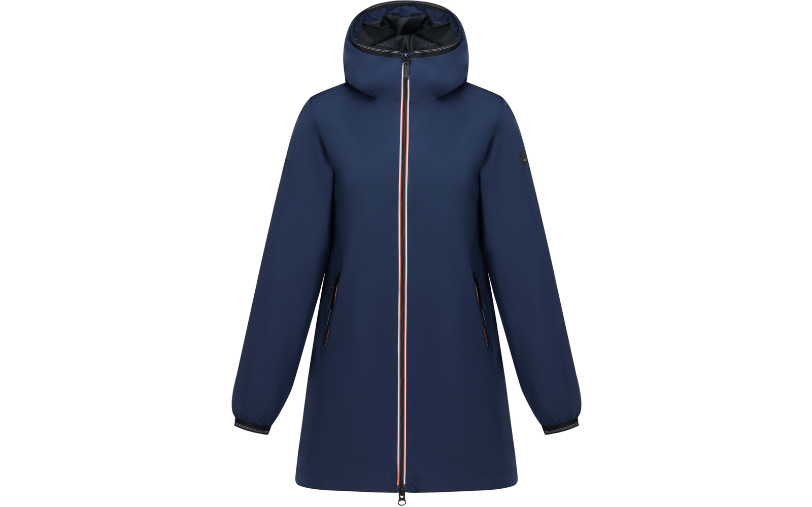 Dunkelblauer Kapuzenmantel mit zentralem zweiteiligem Reißverschluss und rot-weiß-blauer Streifen am Reißverschluss, zwei vertikale Reißverschlusstaschen, elastische Bündchen, mittellang, weißer Hintergrund