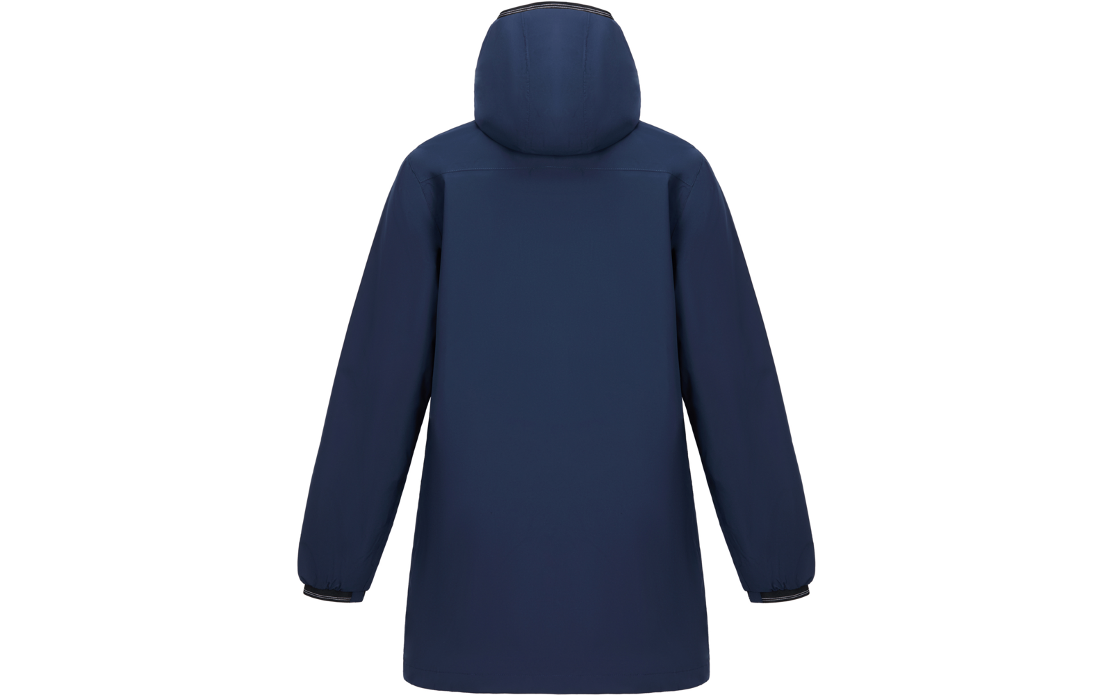 Dunkelblaue Jacke mit Kapuze, Rückansicht, lange Ärmel mit elastischen Bündchen, glatte Rückseite