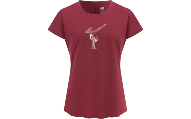 Bordeauxfarbenes Damenshirt mit kurzen Ärmeln und rundem Ausschnitt, zentraler kleiner weißer Aufdruck: stehende Figur hält ein Gefäß, aus dem eine geschwungene Linie nach rechts oben fließt