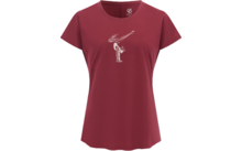 Bordeauxfarbenes Damenshirt mit kurzen Ärmeln und rundem Ausschnitt, zentraler kleiner weißer Aufdruck: stehende Figur hält ein Gefäß, aus dem eine geschwungene Linie nach rechts oben fließt