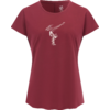 Bordeauxfarbenes Damenshirt mit kurzen Ärmeln und rundem Ausschnitt, zentraler kleiner weißer Aufdruck: stehende Figur hält ein Gefäß, aus dem eine geschwungene Linie nach rechts oben fließt