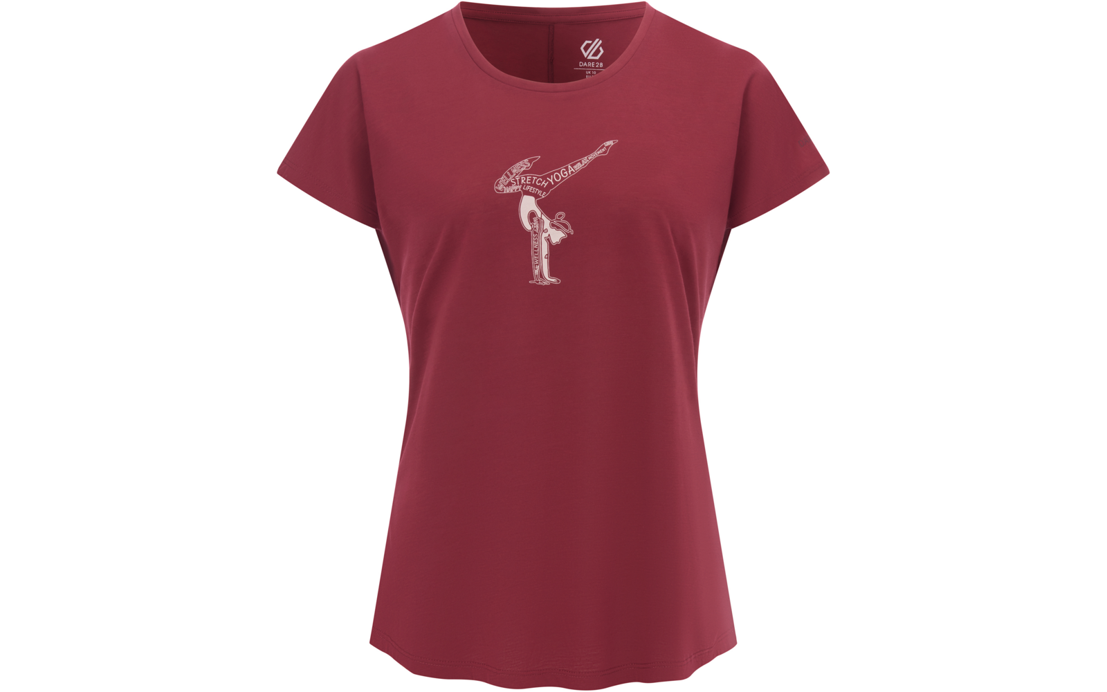 Bordeauxfarbenes Damenshirt mit kurzen Ärmeln und rundem Ausschnitt, zentraler kleiner weißer Aufdruck: stehende Figur hält ein Gefäß, aus dem eine geschwungene Linie nach rechts oben fließt