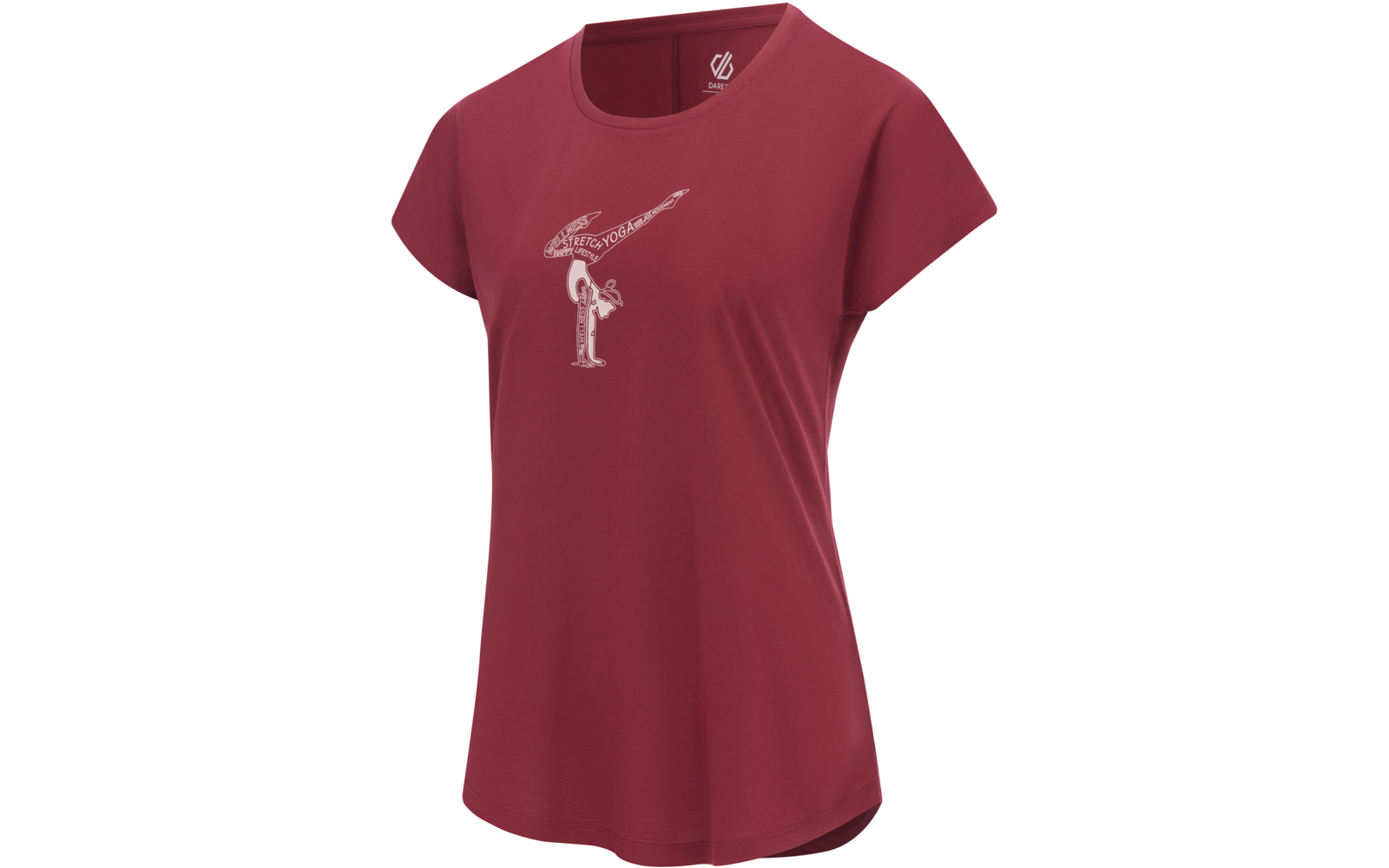 Bordeauxrotes Damen-T-Shirt mit kurzen Ärmeln und rundem Halsausschnitt; mittig ein kleines weißes Druckmotiv aus geschwungenen Linien und einem senkrechten ringförmigen Element