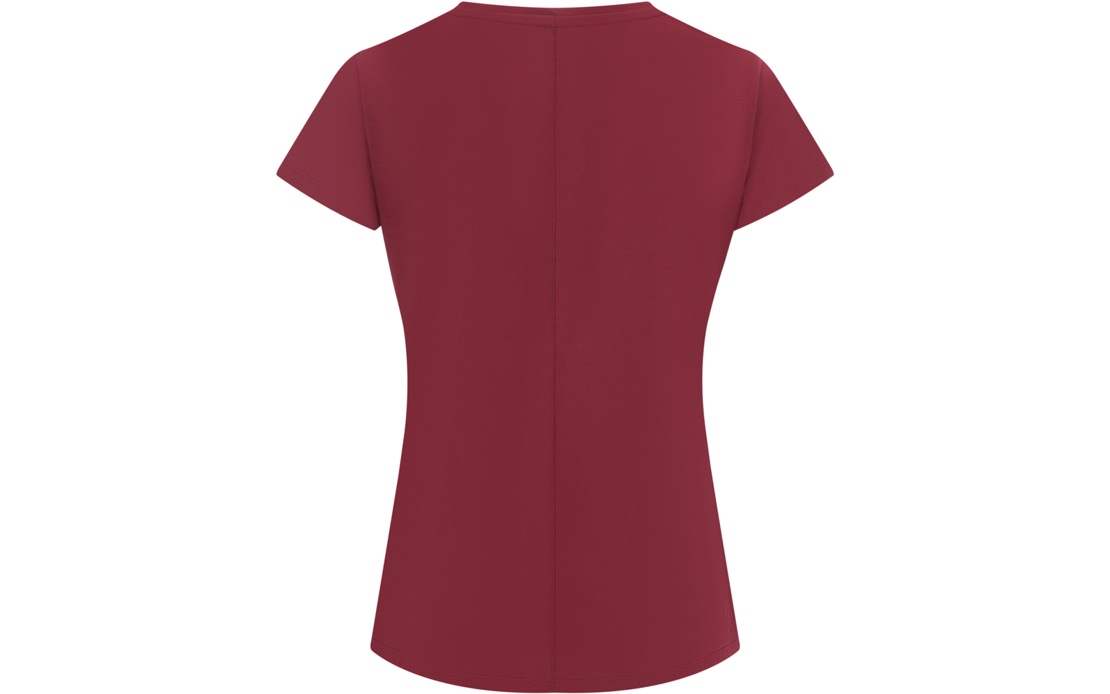 Rückansicht eines kurzärmligen bordeauxroten T-Shirts mit Rundhalsausschnitt und Mittelnaht