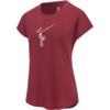 Bordeauxrotes Damen-T-Shirt mit kurzen Ärmeln und rundem Halsausschnitt; mittig ein kleines weißes Druckmotiv aus geschwungenen Linien und einem senkrechten ringförmigen Element