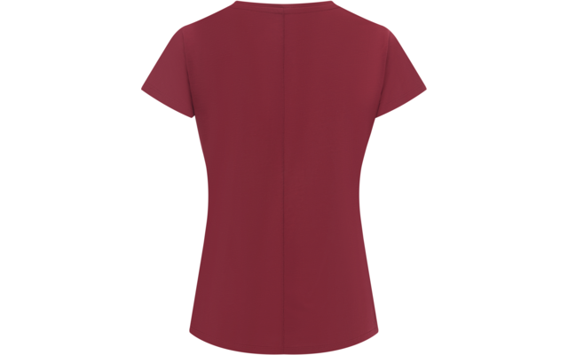 Rückansicht eines kurzärmligen bordeauxroten T-Shirts mit Rundhalsausschnitt und Mittelnaht