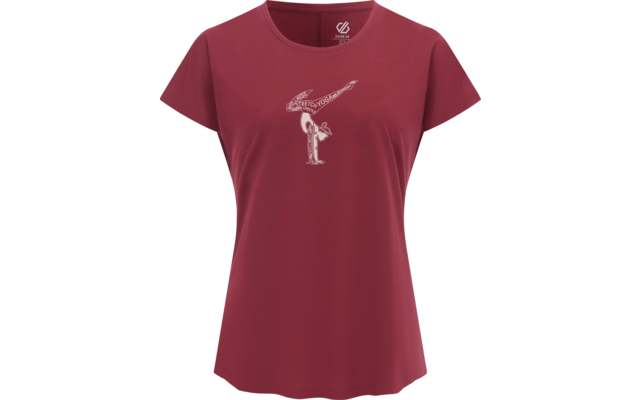 Bordeauxfarbenes Damenshirt mit kurzen Ärmeln und rundem Ausschnitt, zentraler kleiner weißer Aufdruck: stehende Figur hält ein Gefäß, aus dem eine geschwungene Linie nach rechts oben fließt