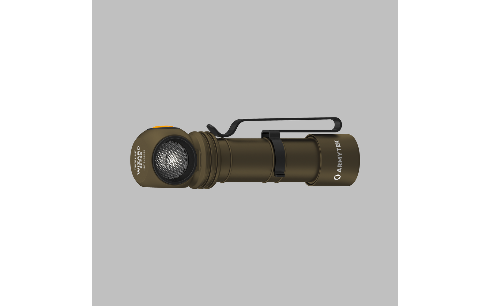 Brauner Taschenlampe mit schwarzem Clip auf grauem Hintergrund
