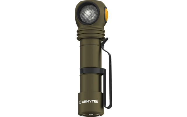 grüne Taschenlampe mit seitlichem Griff und runder Linse