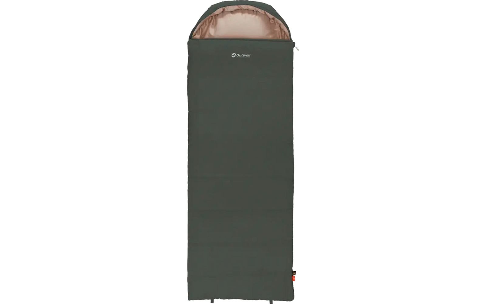 Grijze rechthoekige slaapzak met lichtbruine binnenvoering en afgeronde bovenkant