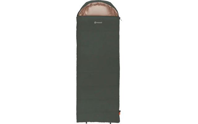 Grijze rechthoekige slaapzak met lichtbruine binnenvoering en afgeronde bovenkant