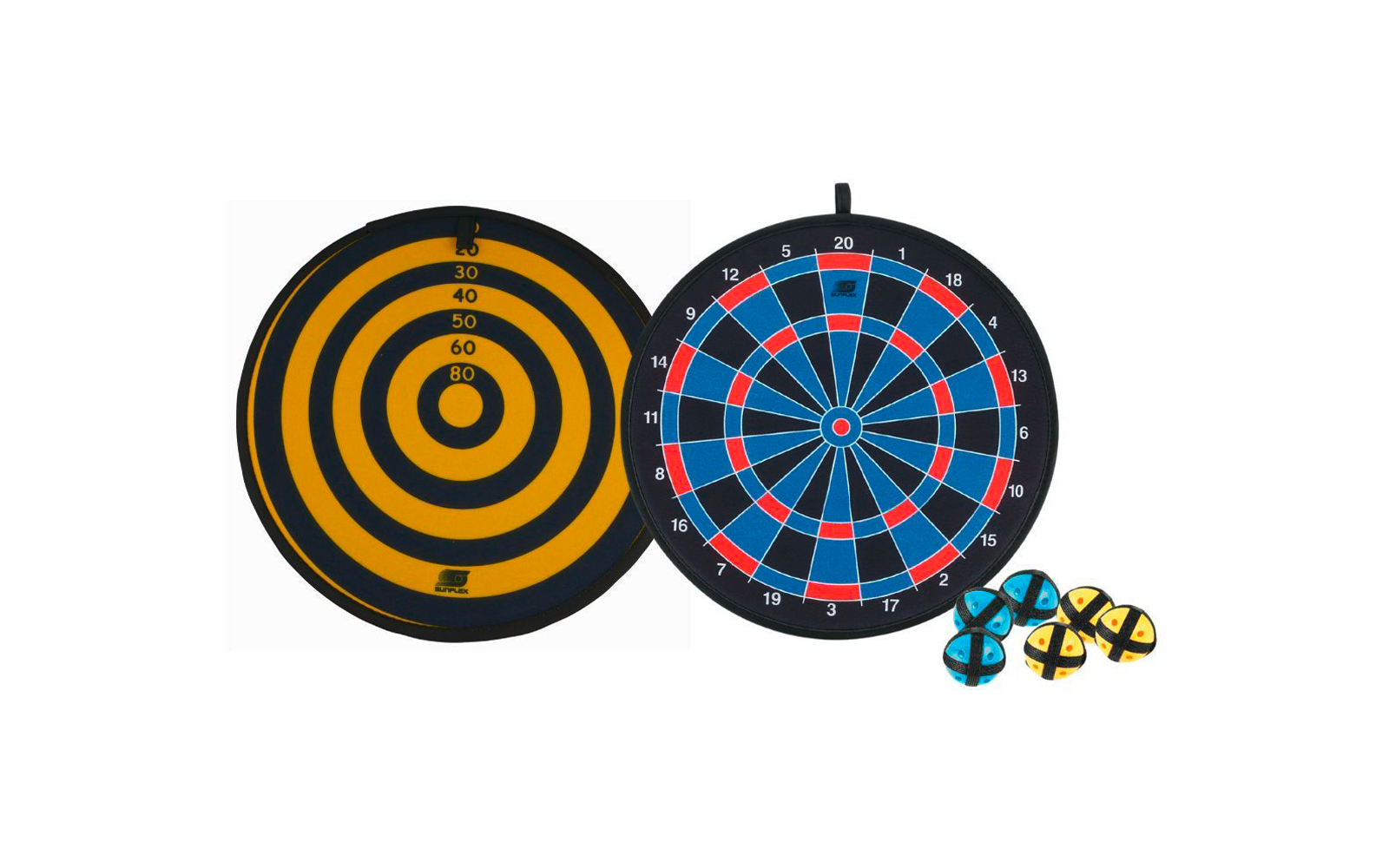 Zwei Dartscheiben, eine schwarze und gelbe, eine blaue und rote, mit vier blauen und gelben Dartscheibenpfeilen