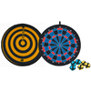 Zwei Dartscheiben, eine schwarze und gelbe, eine blaue und rote, mit vier blauen und gelben Dartscheibenpfeilen