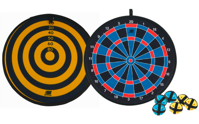 Zwei Dartscheiben, eine schwarze und gelbe, eine blaue und rote, mit vier blauen und gelben Dartscheibenpfeilen