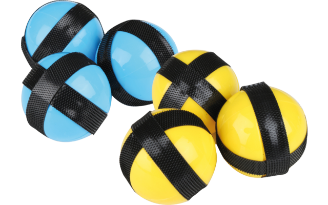 Vier Kugeln in zwei Farben, zwei blau-schwarz und zwei gelb-schwarz, mit Kreuzmuster