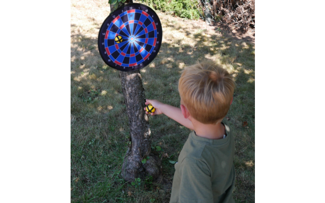 Ein Junge steht vor einem Baum, an dem eine Dartscheibe befestigt ist
